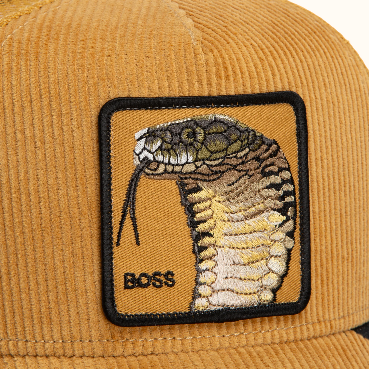 Goorin Bros. Corduroy Boss amber trucker hat patch view