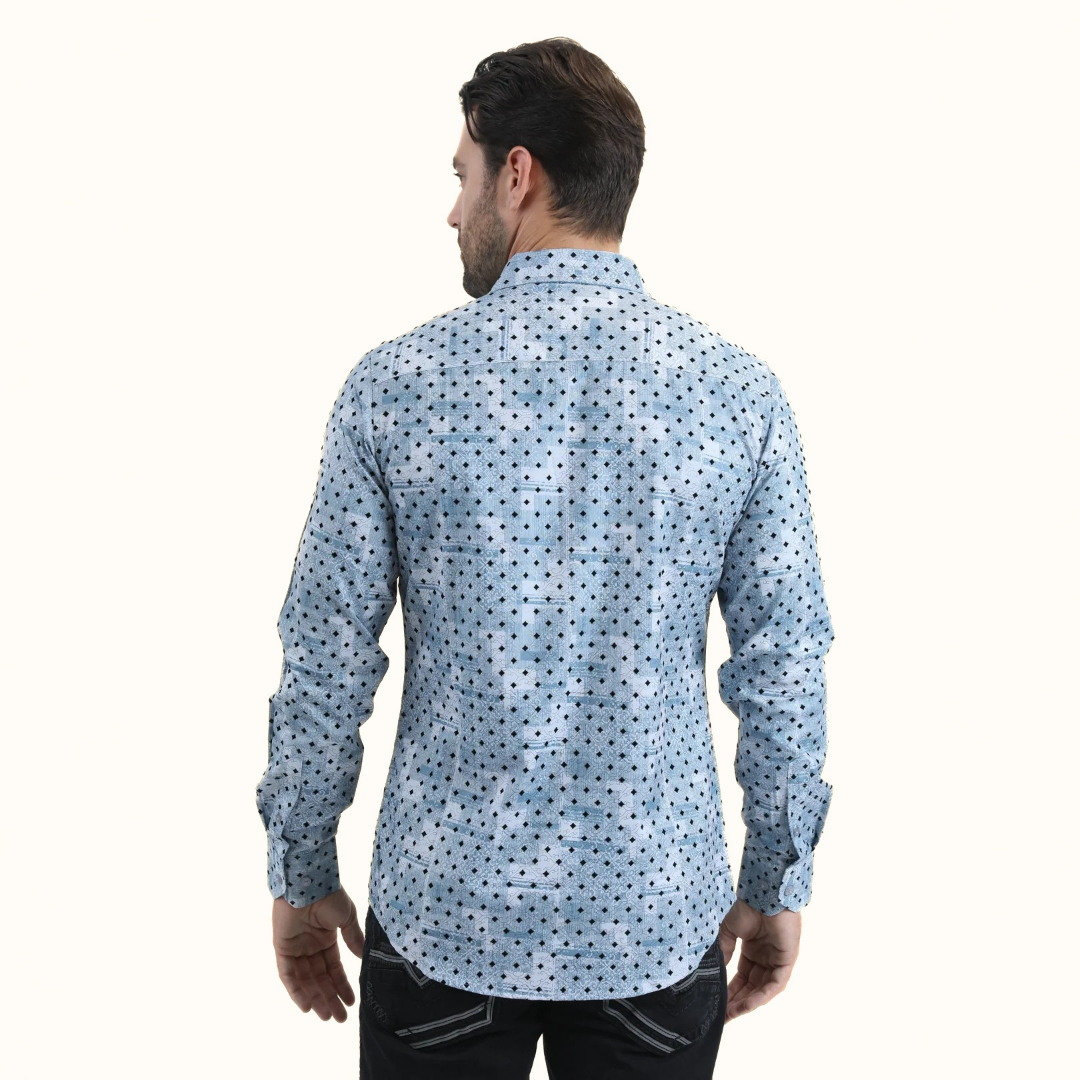Platini Abstract Patchwork Modern Shirt in blue back view