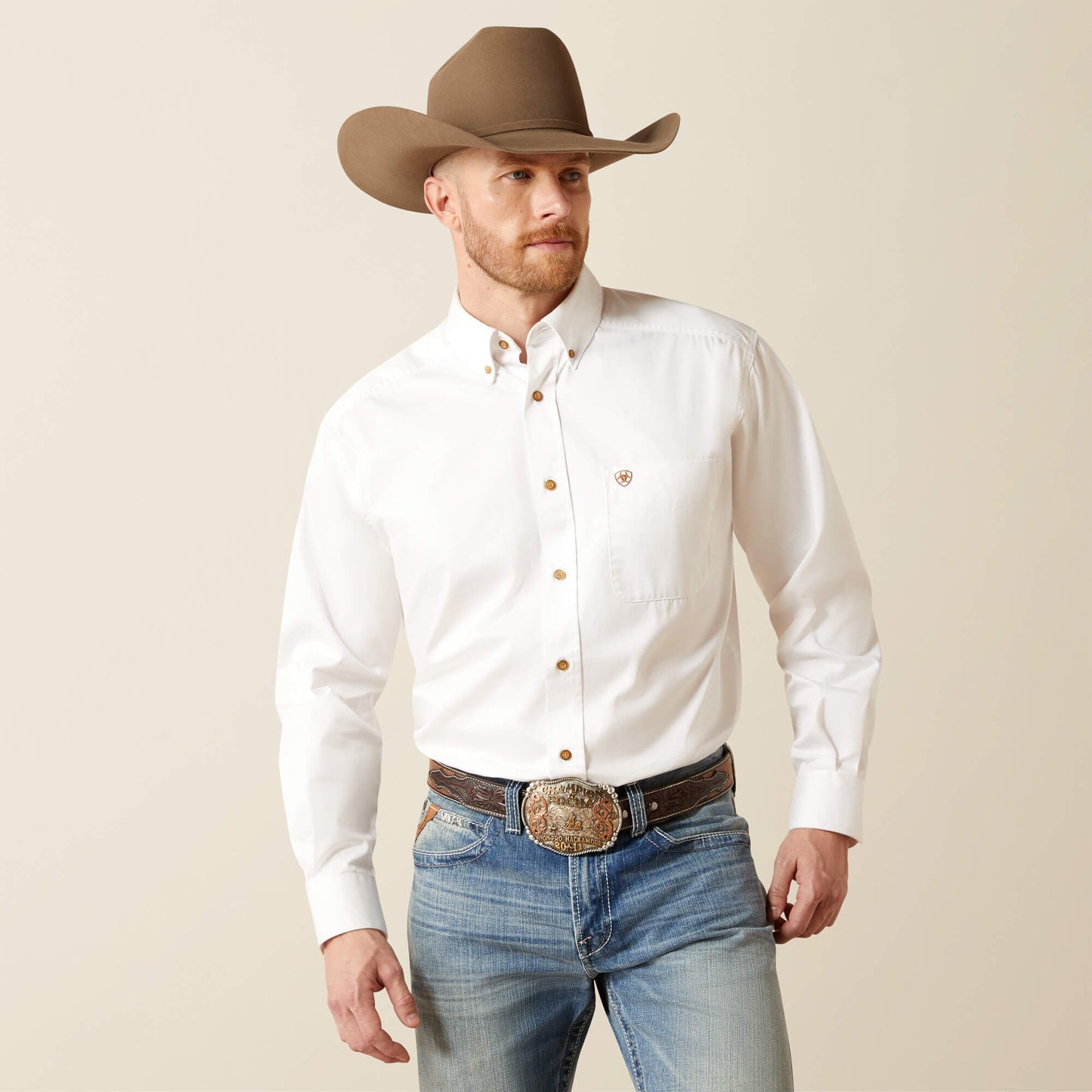 Front view of Ariat Solid Twill Classic Fit Shirt on model