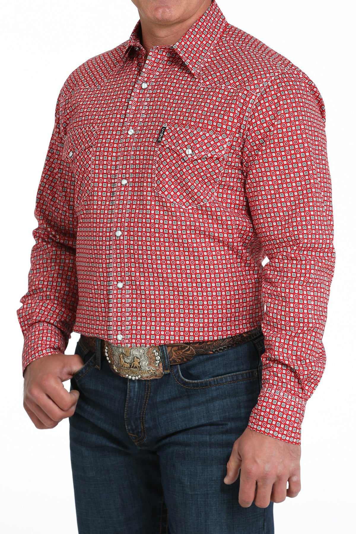 Front view of Cinch Long Sleeve Print Modern Shirt in red on model