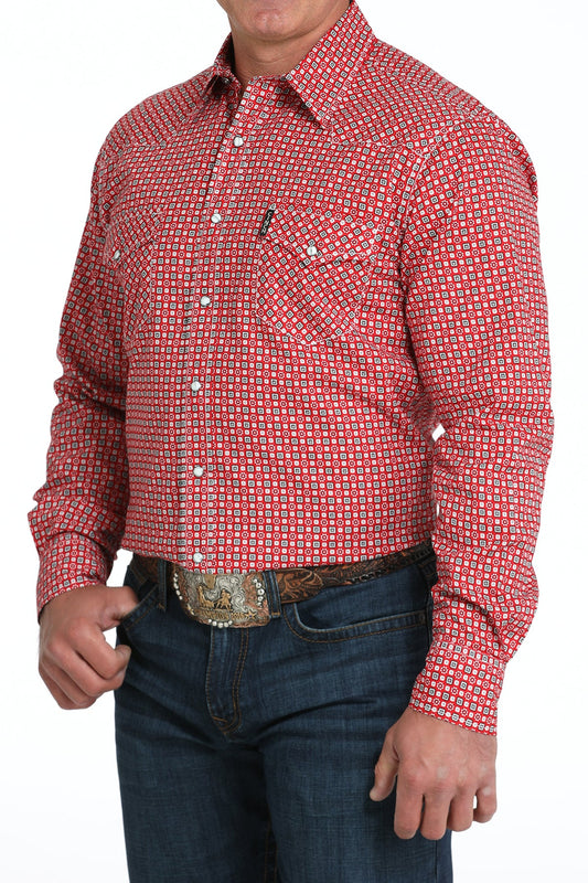 Front view of Cinch Long Sleeve Print Modern Shirt in red on model
