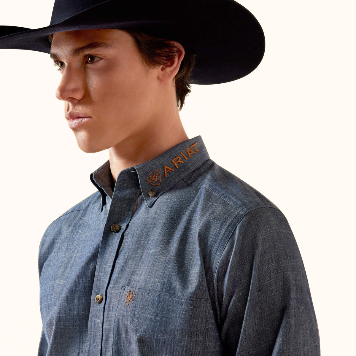 Ariat Team Logo Twill Fitted Shirt blue front close-up view