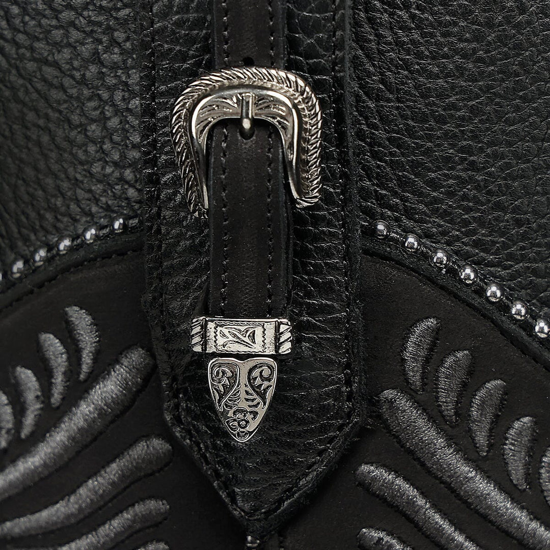 Close-up of zipper and buckle detail on Cuadra Black Embroider Zipper Round Toe Boot