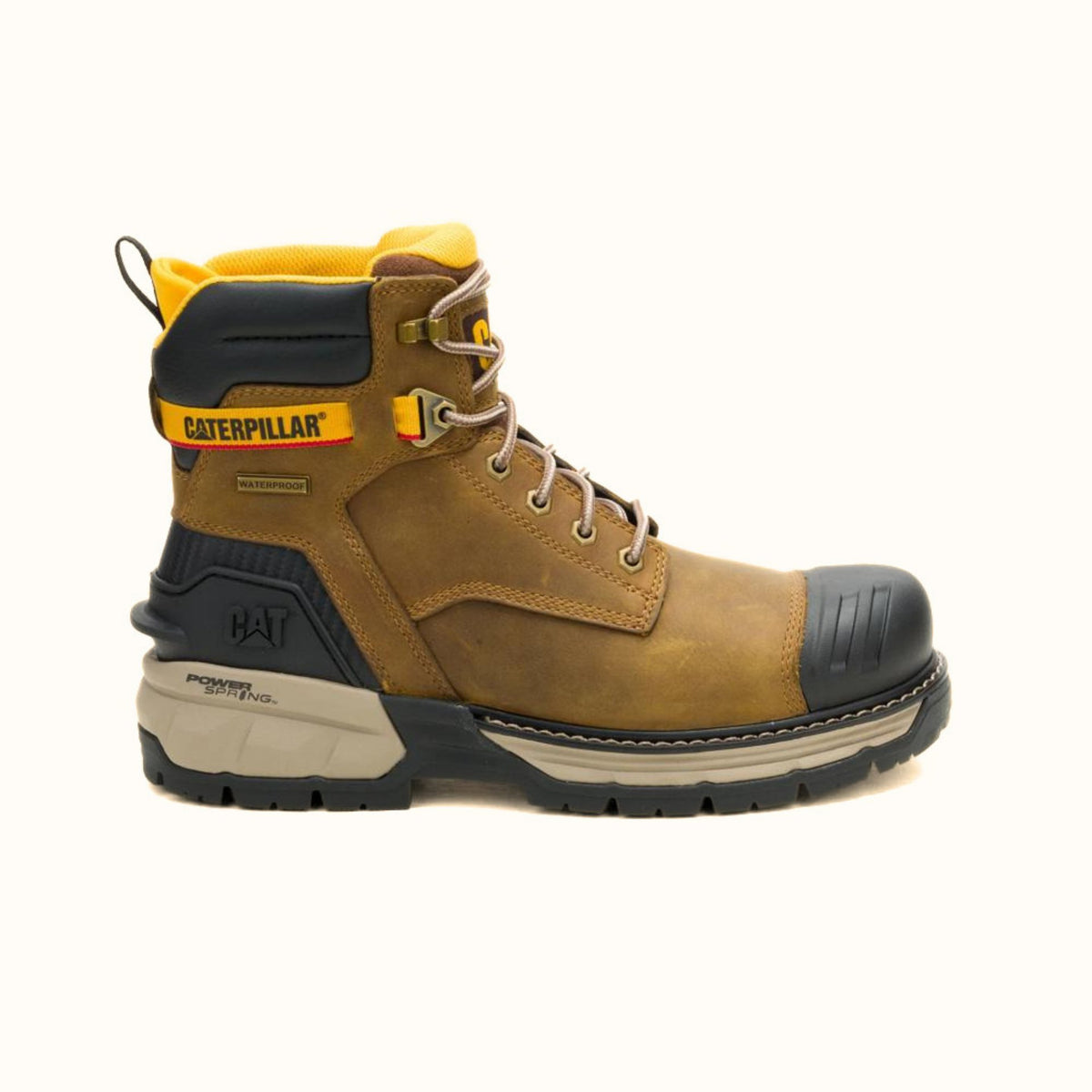 CAT Excavator PowerSpring 6-inch brown waterproof composite toe work boot side view