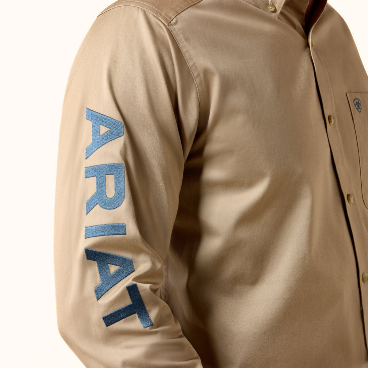 Ariat Team Logo Twill Classic Fit Shirt in Savannah tan sleeve view