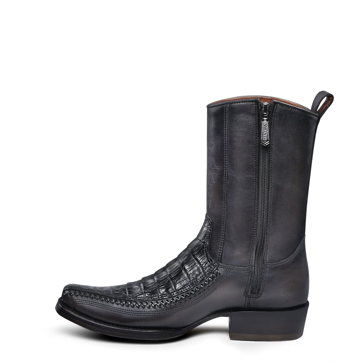 Side profile view of Cuadra Plunge Black Caiman Laser & Woven Narrow Square Toe Boot