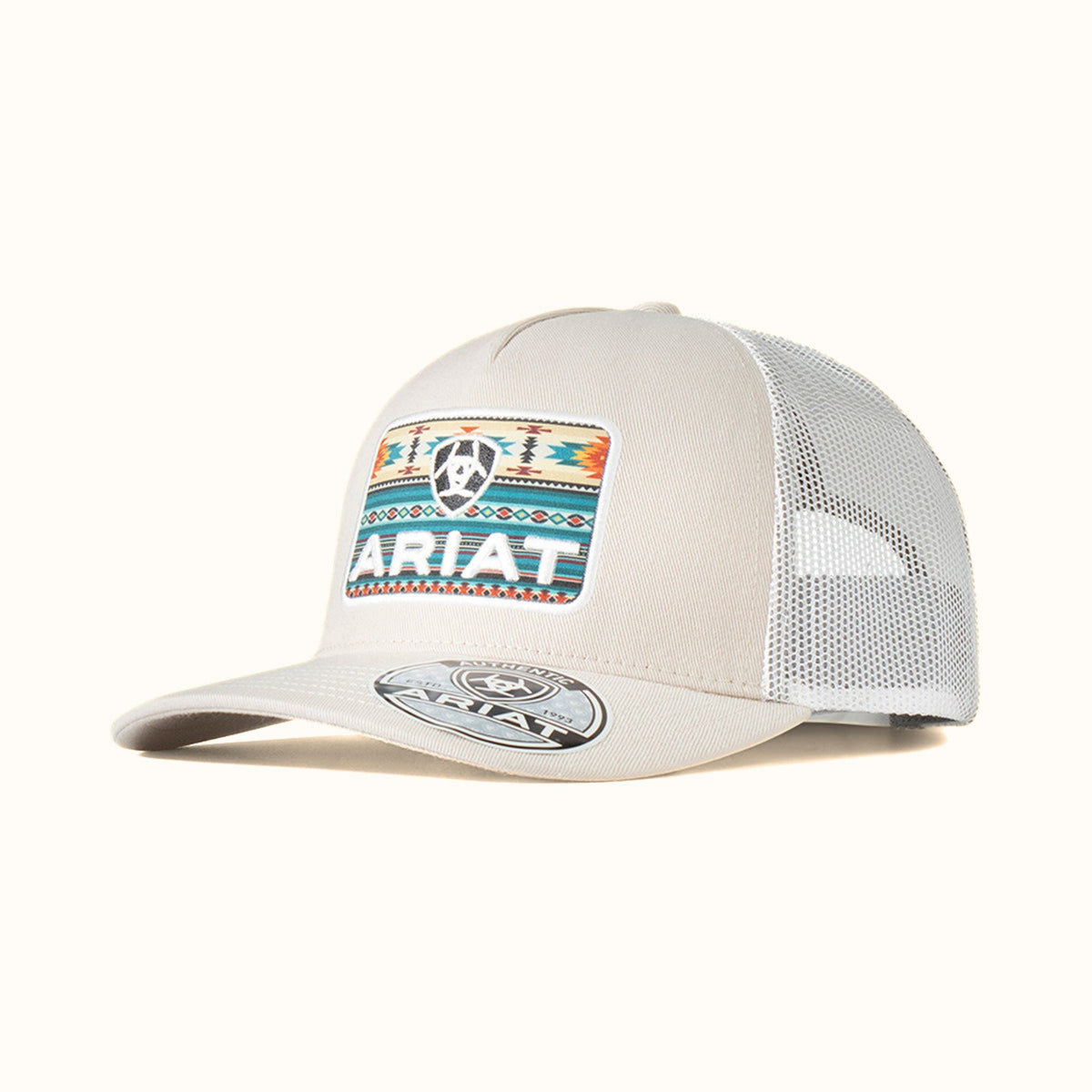 Ariat men’s beige Southwestern patch trucker cap front view