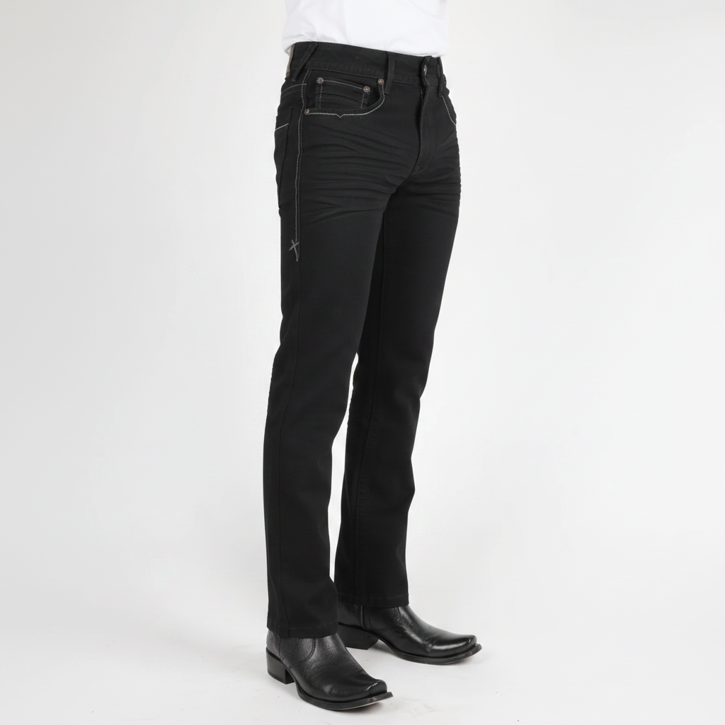 Platini Holt men’s black boot cut jeans angled side view
