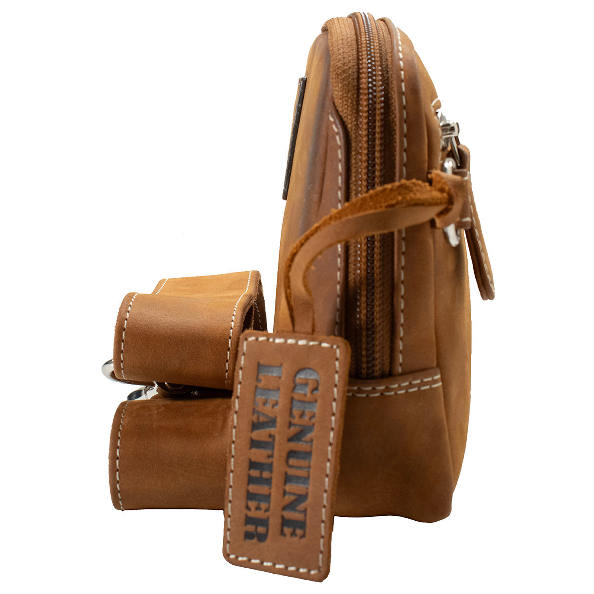 Side view of Ariat Gwen Brown Style Belt Bag with strap and buckle detail