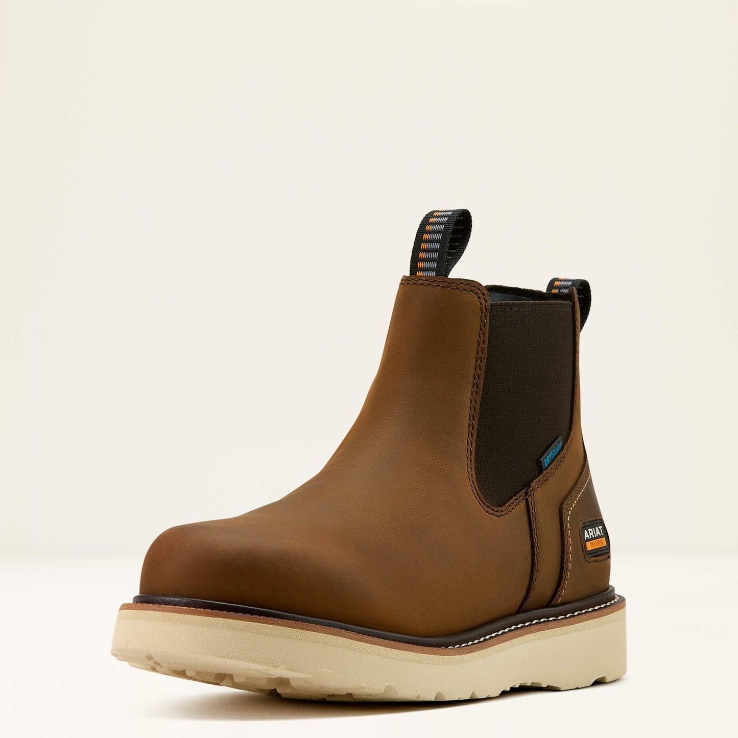 Ariat Rebar Wedge Chelsea Waterproof Work Boot angled side view in brown leather