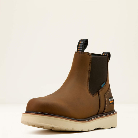 Ariat Rebar Wedge Chelsea Waterproof Work Boot angled side view in brown leather