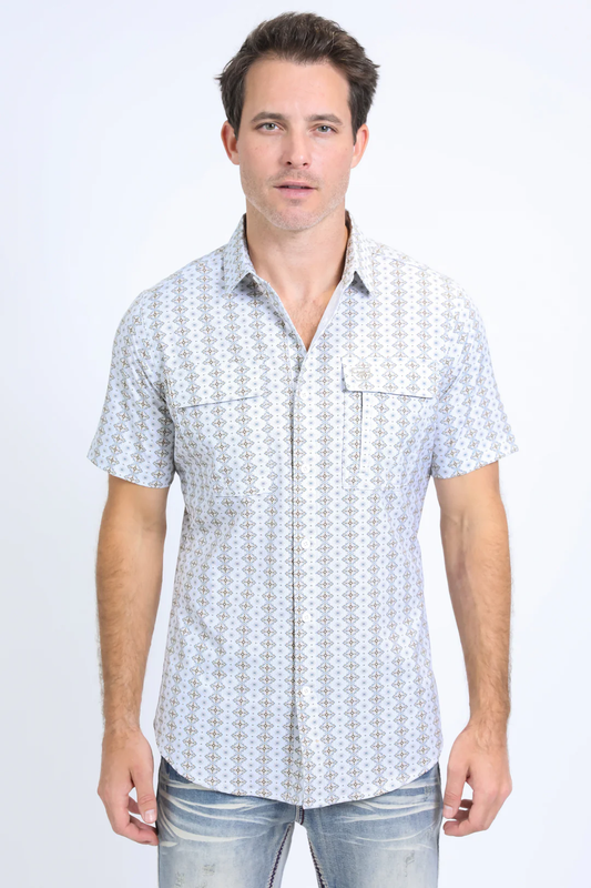 Camisa Blanca de Manga Corta con Estampado Azteca Performance Western