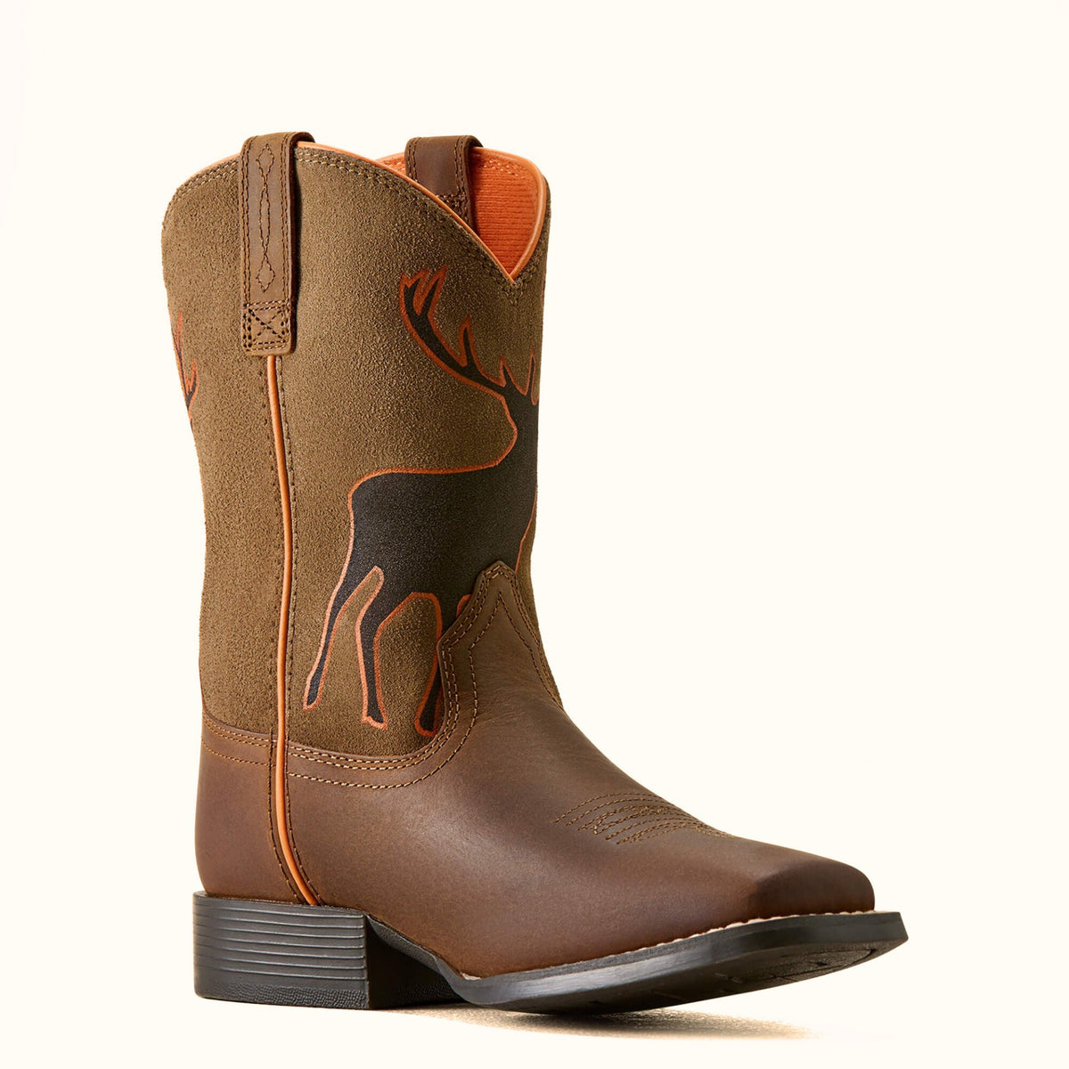 Ariat Trail Cam brown and orange Western boot angle view
