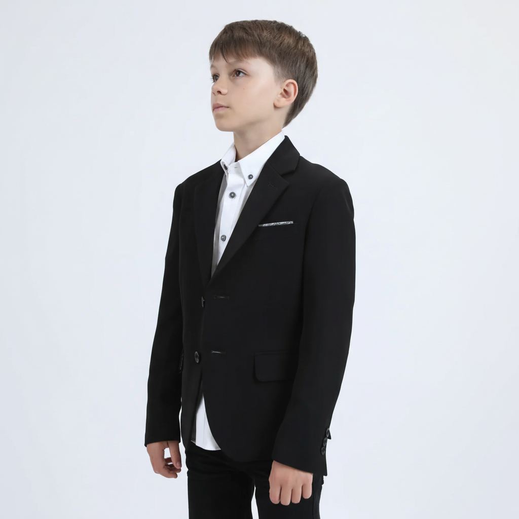 Platini Boys Double Button Black Faux-Suede Blazer angled front view