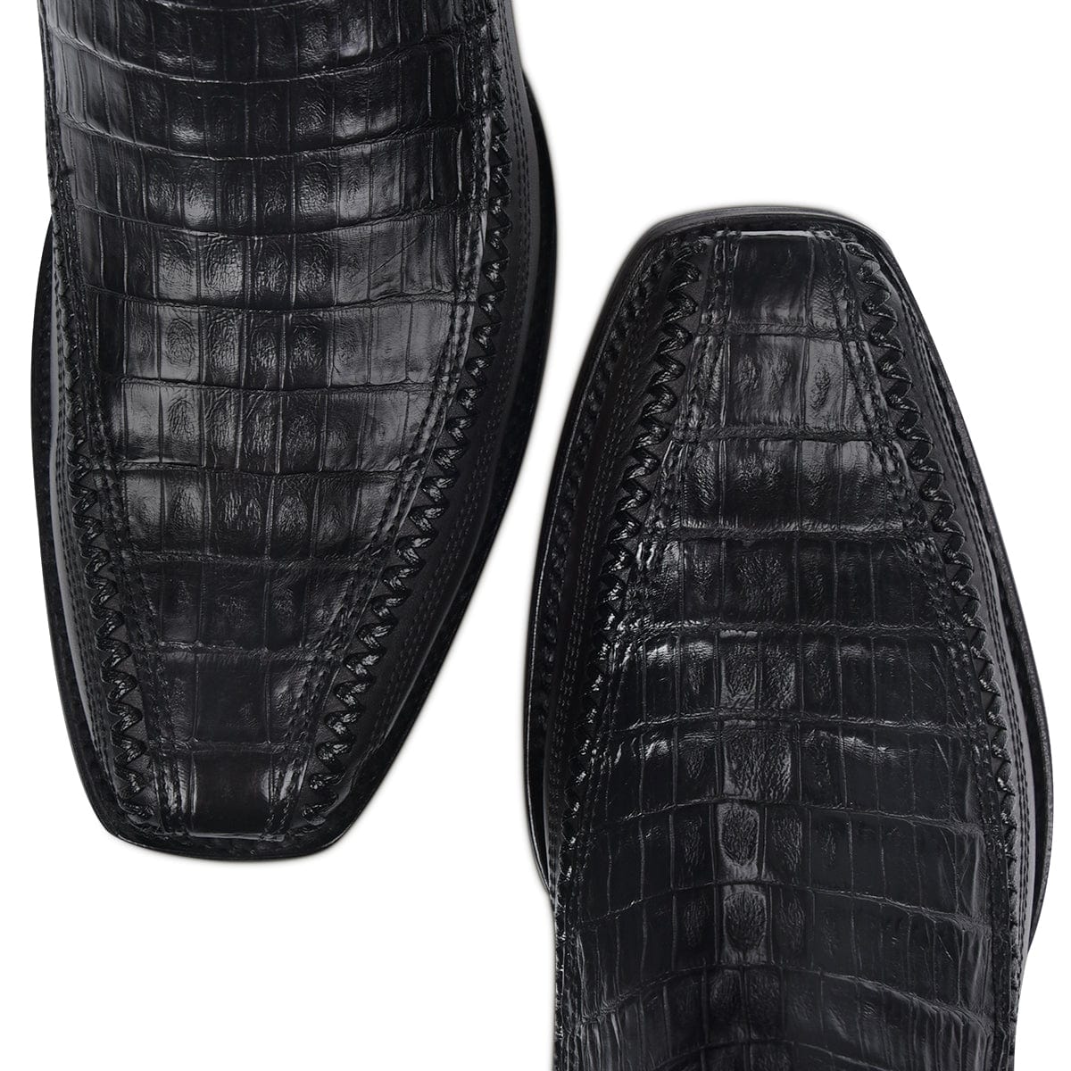 Pair of Cuadra Plunge Black Caiman Laser & Woven Narrow Square Toe Boots