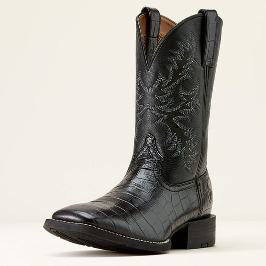 Ariat Sport Latigo Wide Square Toe Cowboy Boot angled side view in black