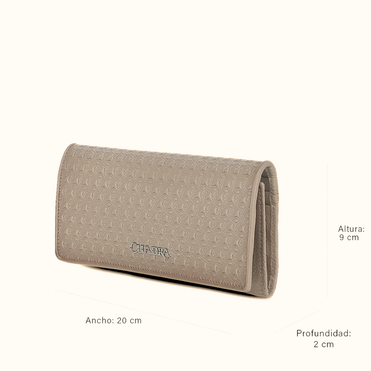 Cuadra women’s taupe leather wallet front angled view with dimensions
