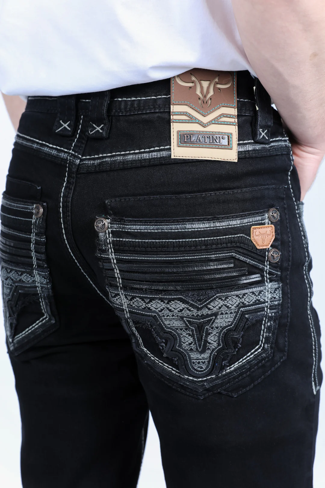 Platini Holt black slim boot cut jeans back pocket detail