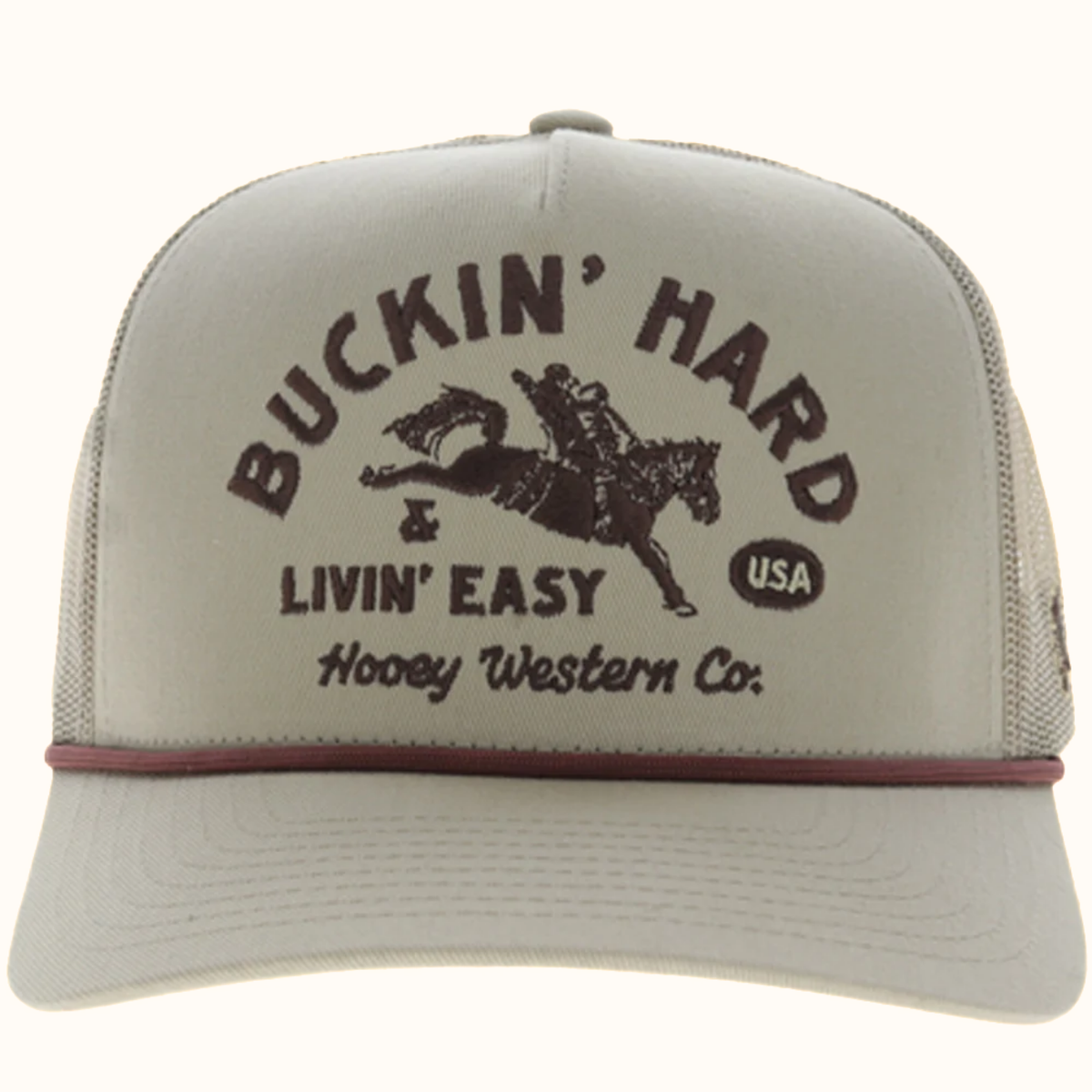 Hooey Buckin’ Hard tan 5-panel trucker hat front view