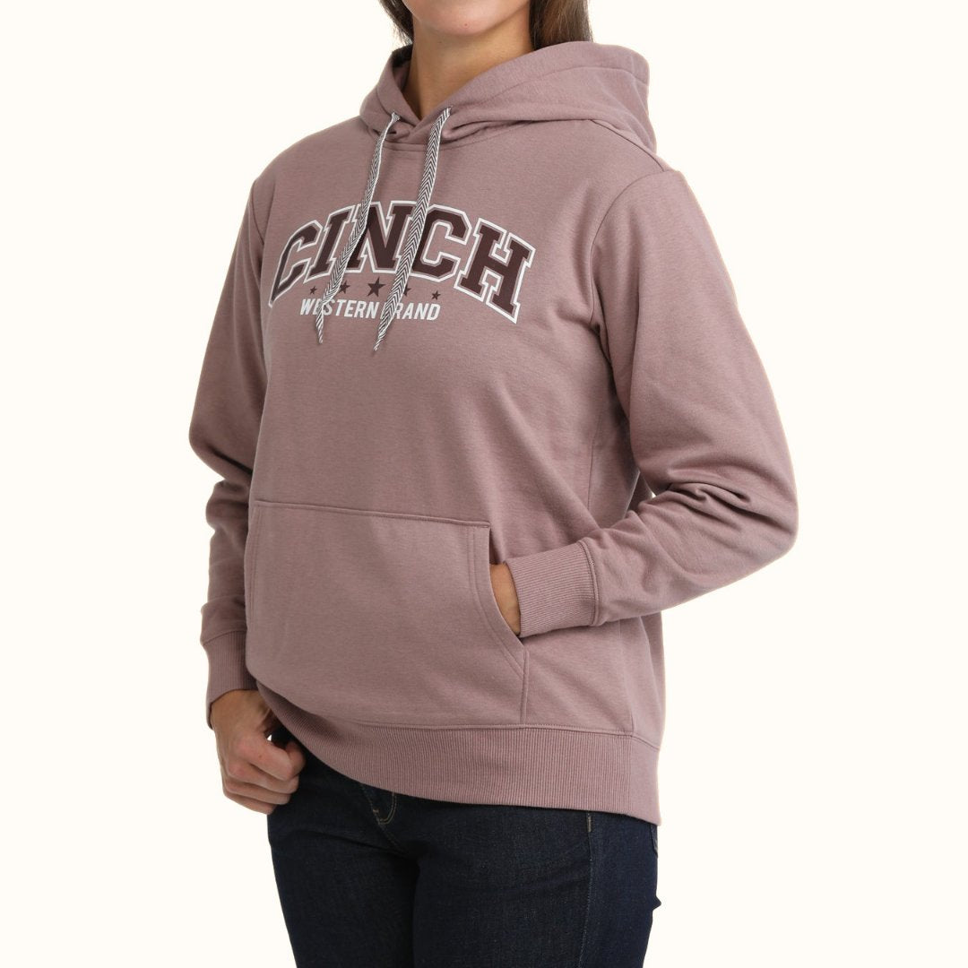 Cinch mauve pullover hoodie front angle view