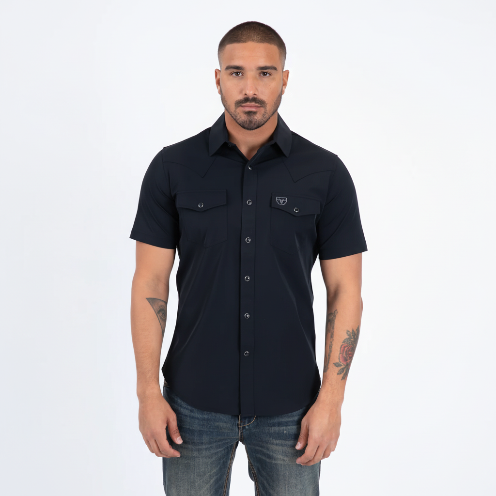 Front view of Platini Men’s Performance Western Short Sleeve Shirt in black