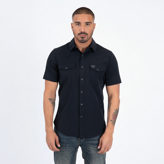Front view of Platini Men’s Performance Western Short Sleeve Shirt in black