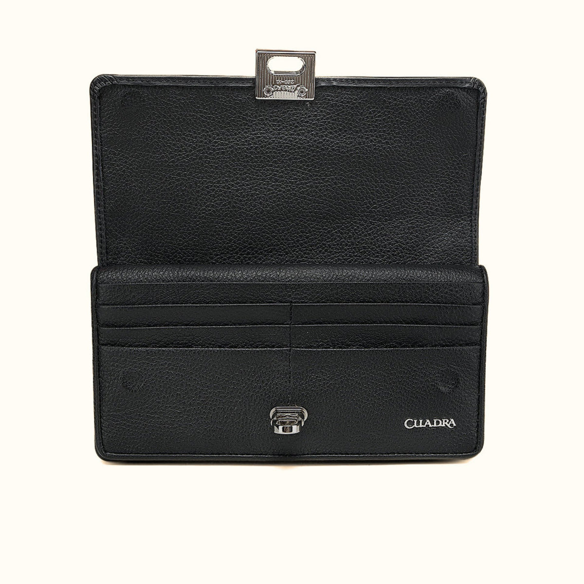 Cuadra women’s black embroidered leather wallet opened view