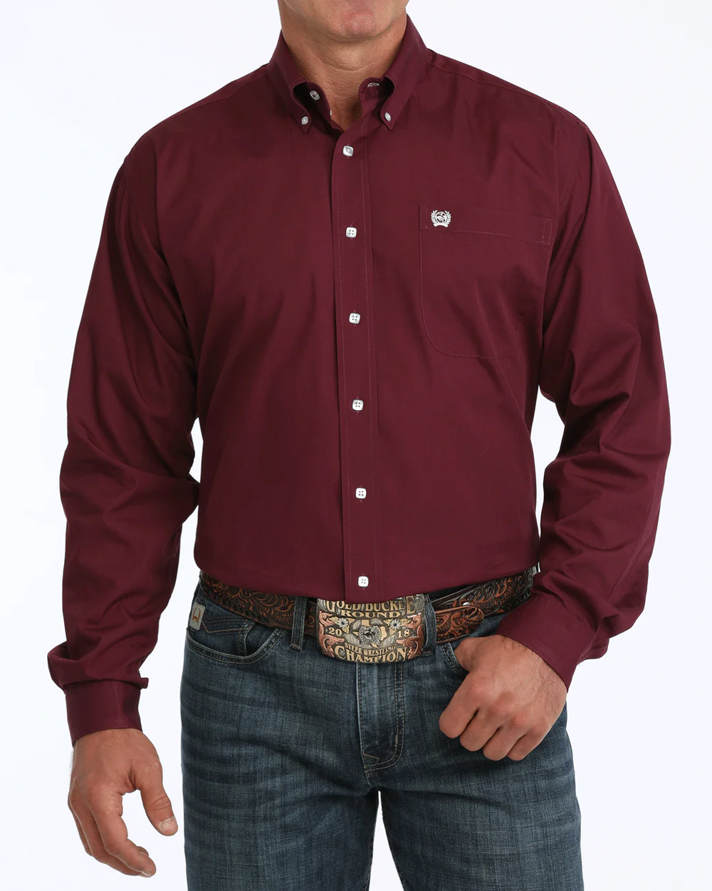 Cinch Solid Classic Fit Button-Down Western Shirt front view on model