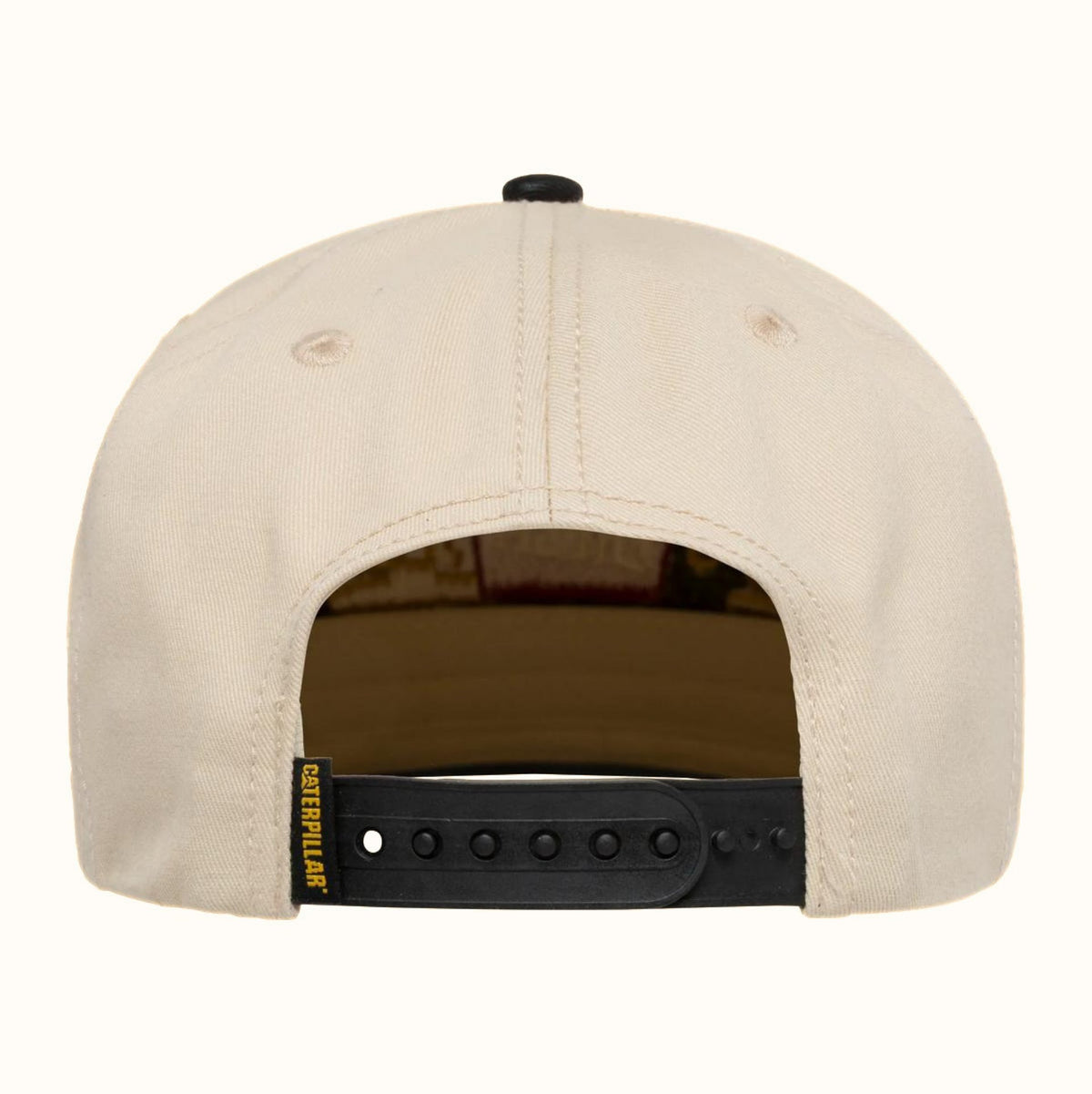 CAT Excavator Flat Bill Cap tan rear view with adjustable snapback closure