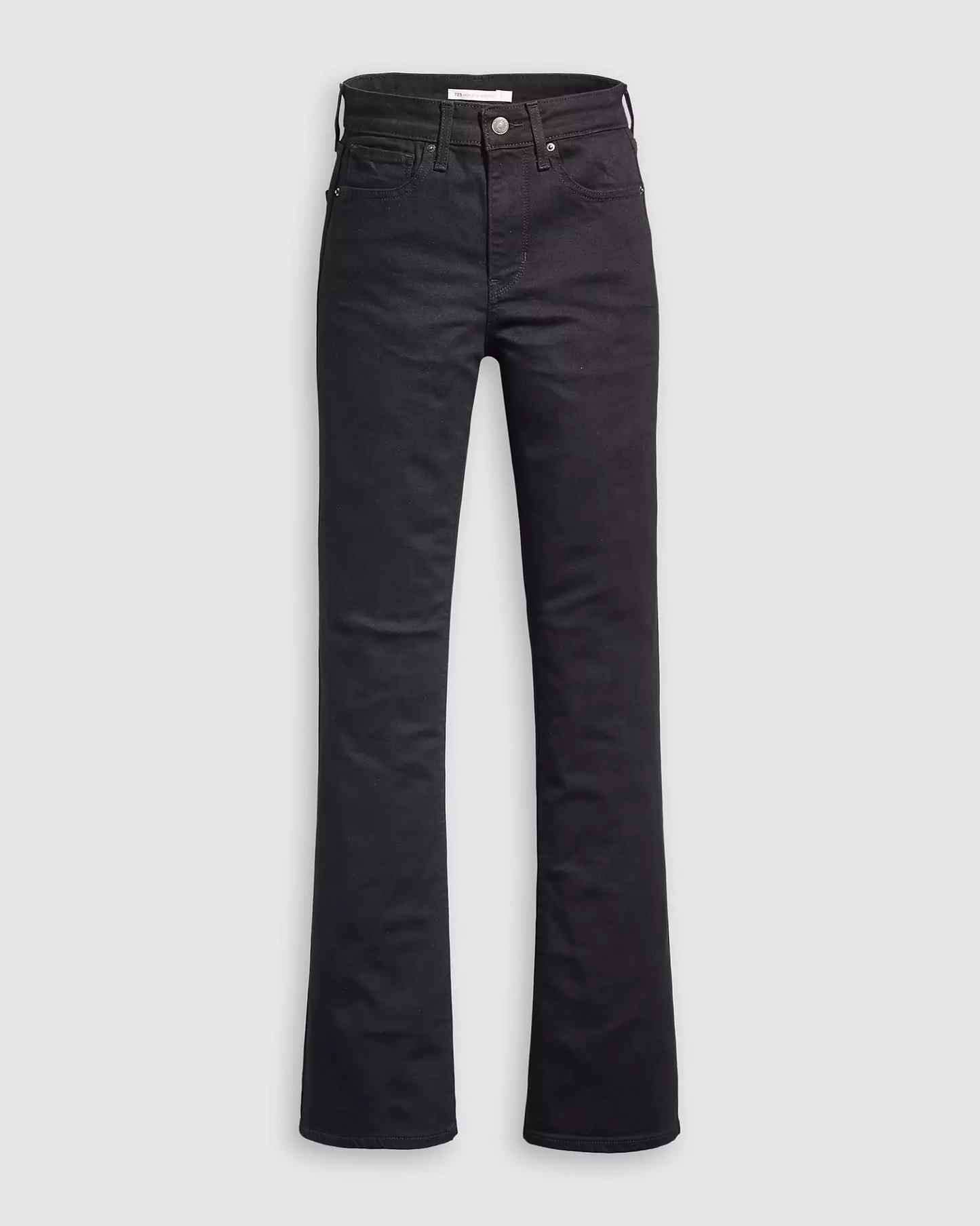 Front view of Levi’s 725 High Rise Bootcut Jeans laid flat in black denim