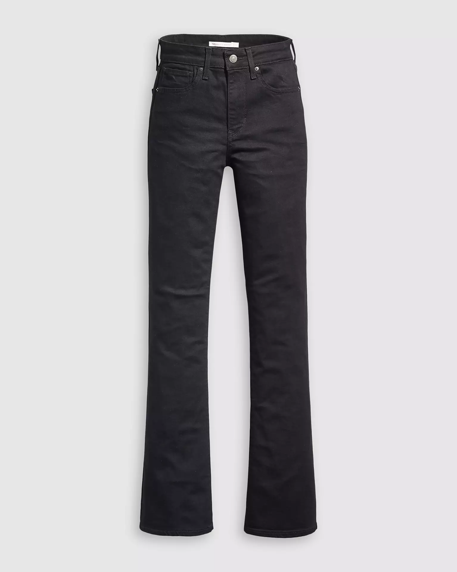Front view of Levi’s 725 High Rise Bootcut Jeans laid flat in black denim