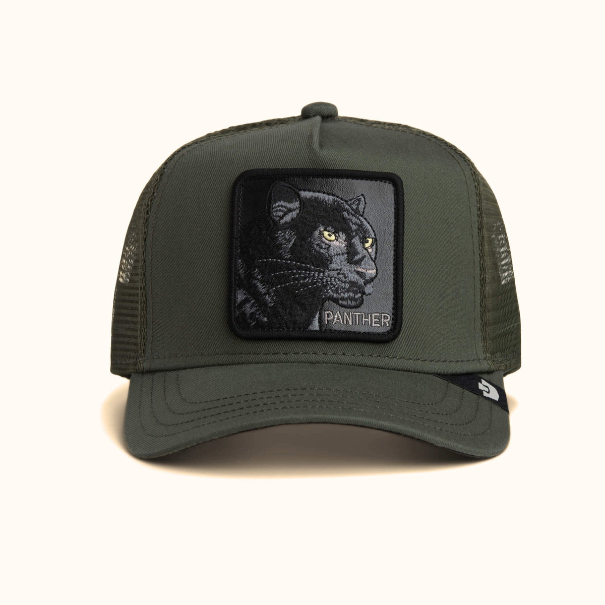 Goorin Panther olive trucker hat front view