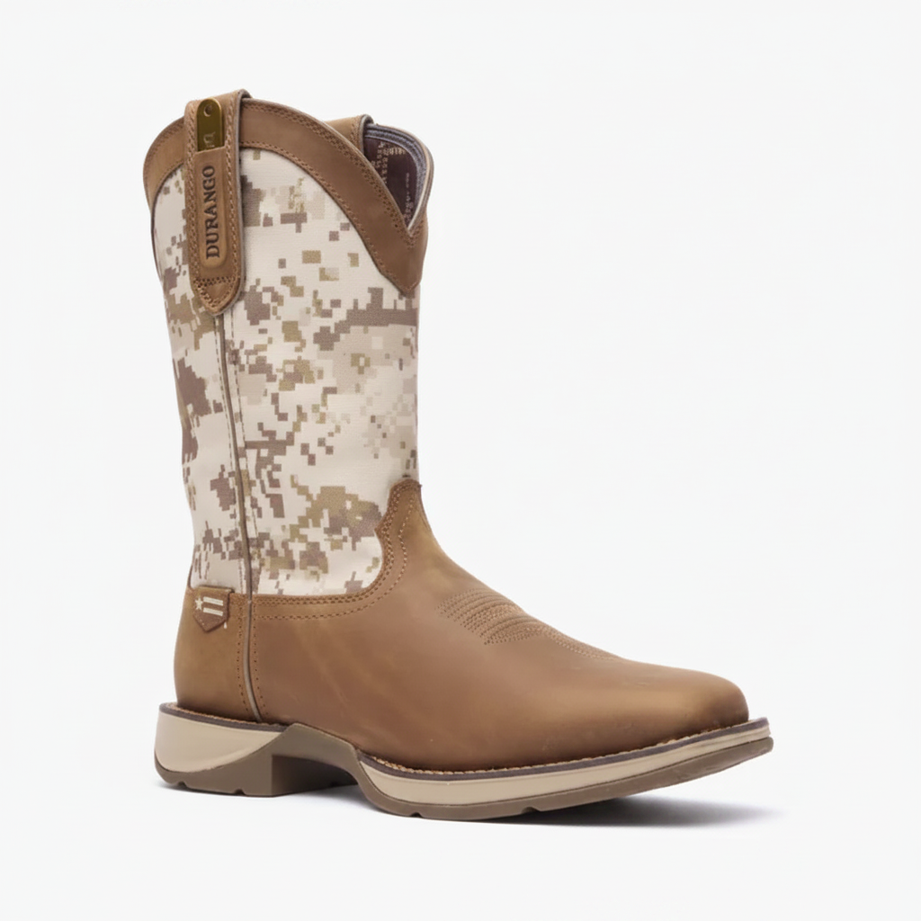 Durango Rebel Desert Camo Pull-On Western Boot angled side view in tan and camo