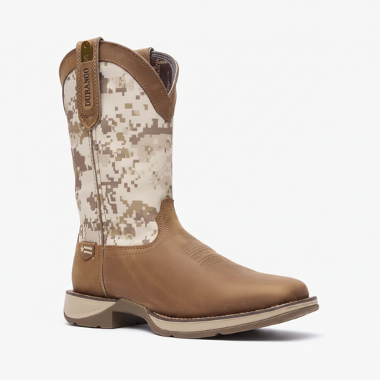 Durango Rebel Desert Camo Pull-On Western Boot angled side view in tan and camo