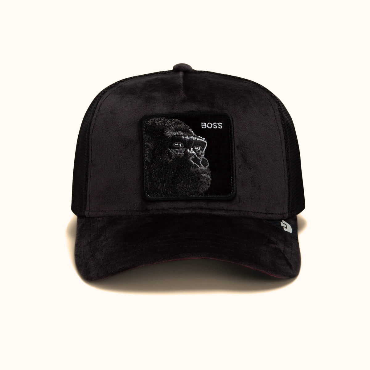 Goorin Bros. Velour Boss black trucker hat front view