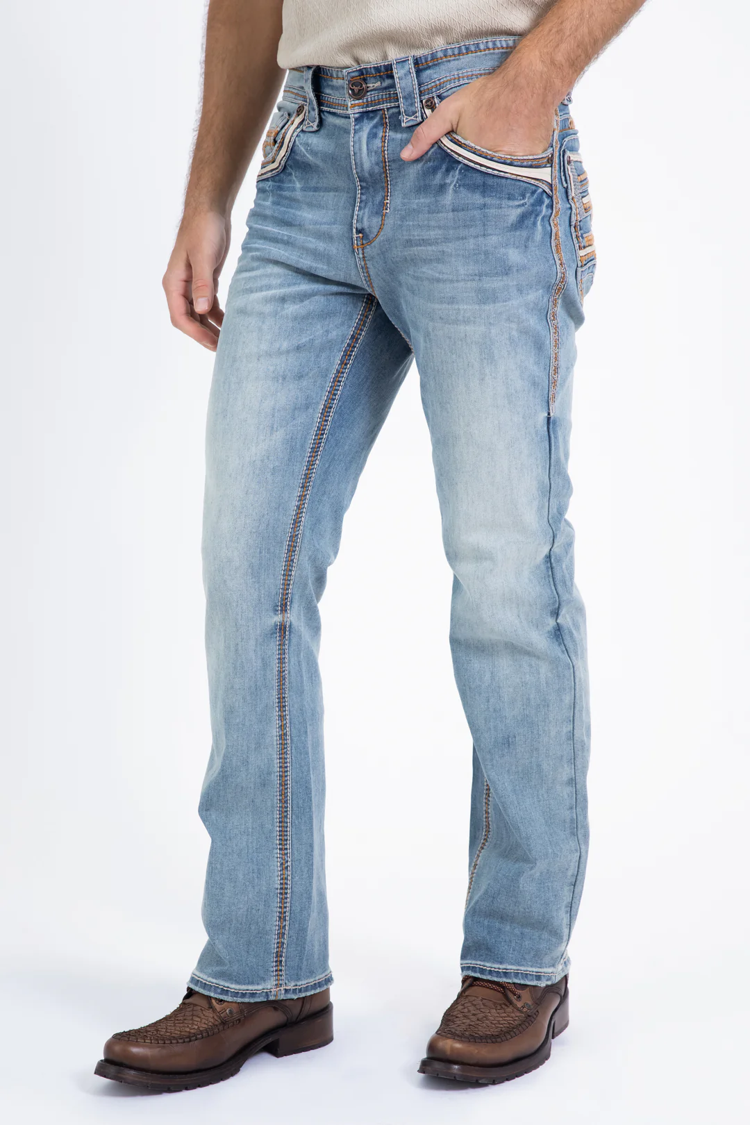Platini Holt men’s light blue slim boot cut jeans side profile view