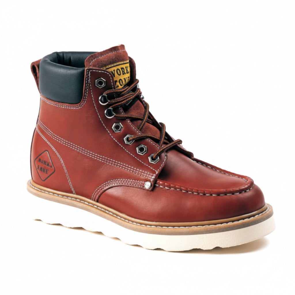 Work Zone 632 work boot brown leather wedge sole angled view