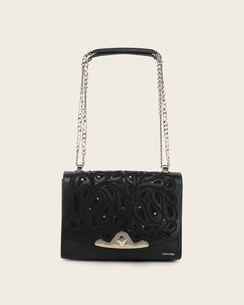 Cuadra Black Leather Crystal Shoulder Bag front view