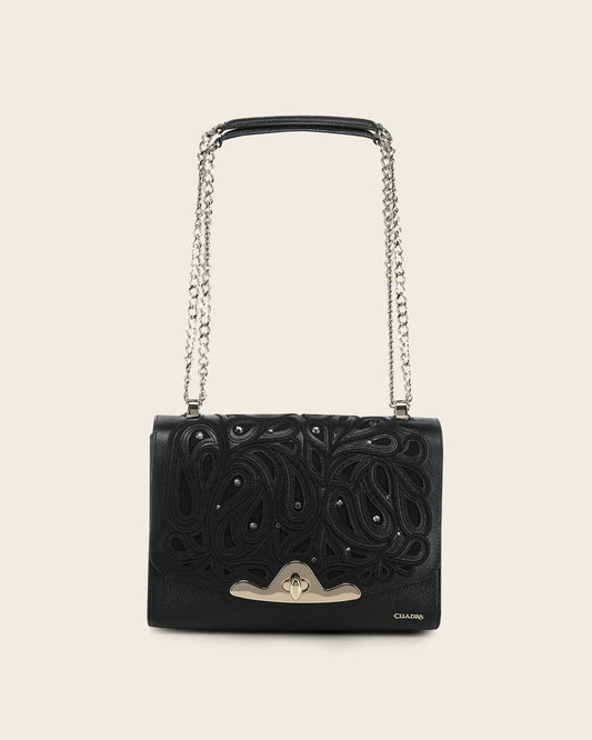 Cuadra Black Leather Crystal Shoulder Bag front view