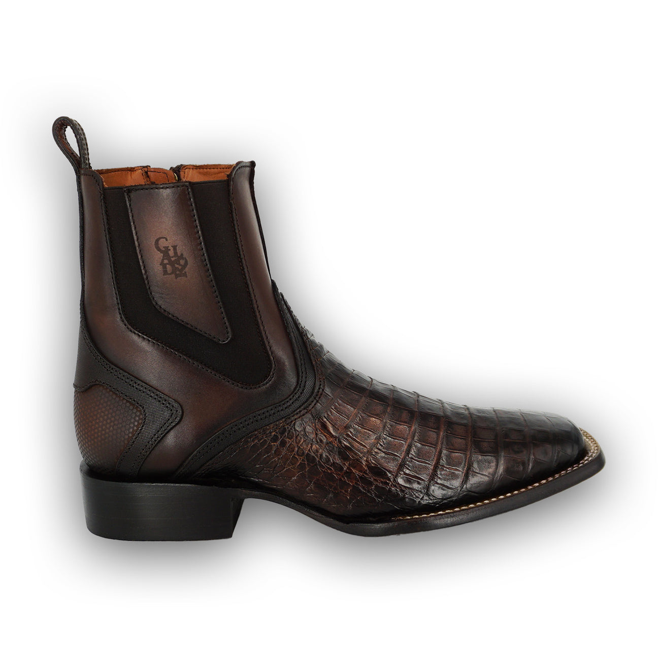 Brown Caiman Zipper & Elastic Square Toe