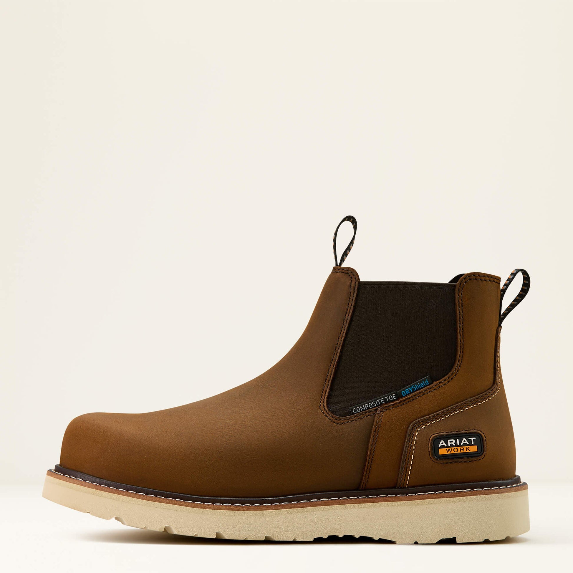 Ariat Rebar Wedge Chelsea Waterproof Composite Toe Work Boot side view in brown leather