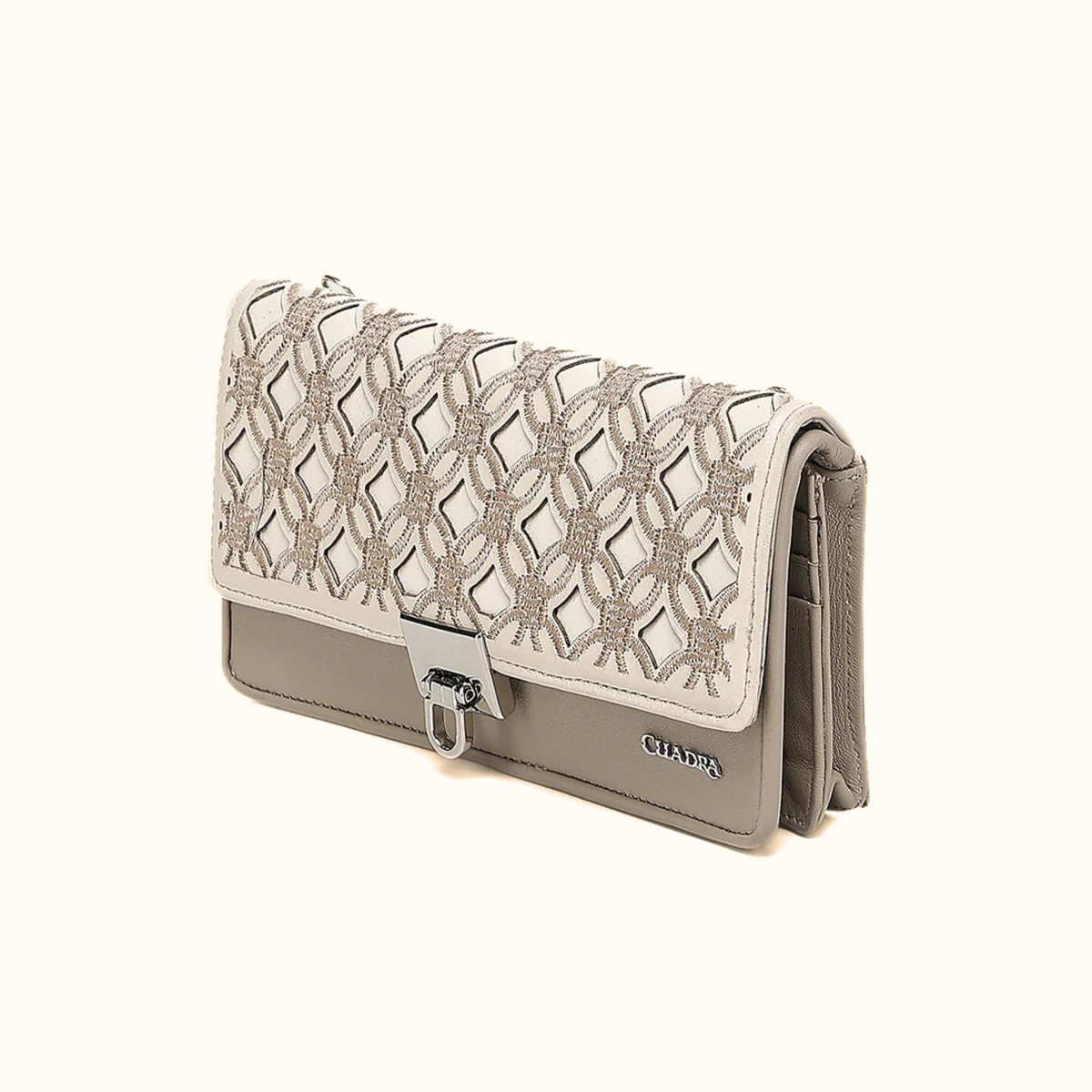 Cuadra women’s taupe embroidered leather wallet angled view