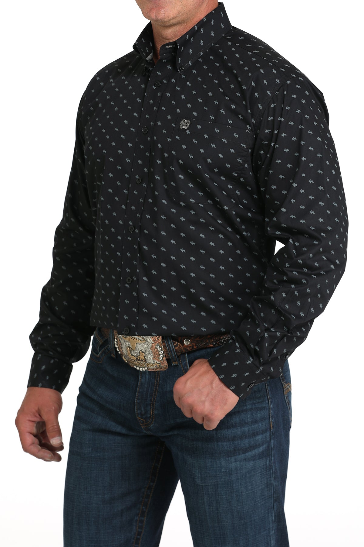 Angled view of Cinch Black Print Button Down Shirt