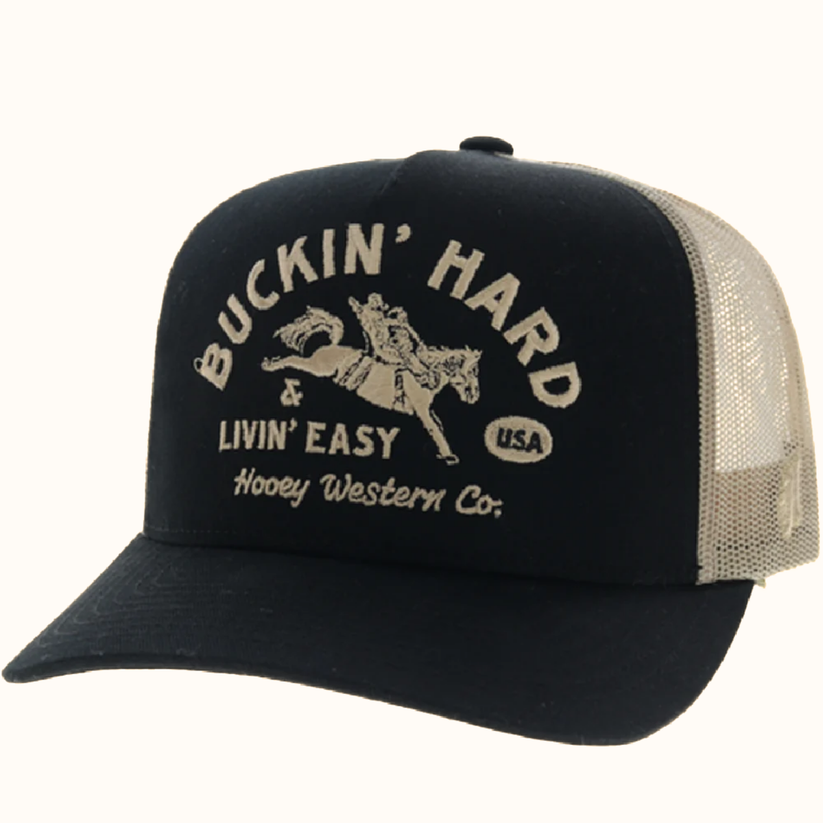Hooey Buckin’ Hard black and tan 5-panel trucker hat front angle view