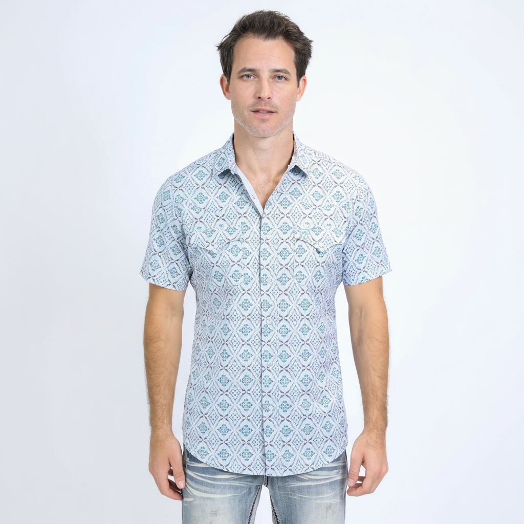Front view of Platini Men’s Performance Western Short Sleeve Aztec Print Shirt in white