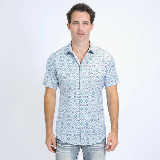 Front view of Platini Men’s Performance Western Short Sleeve Aztec Print Shirt in white