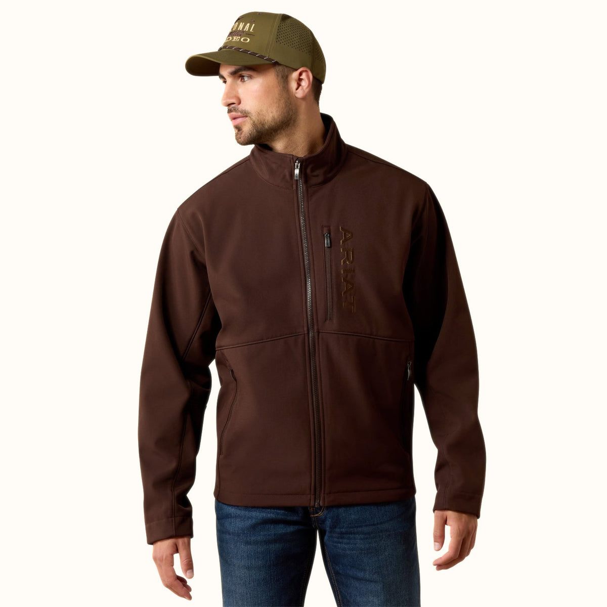 Ariat Chest Logo Softshell Jacket in brown front view