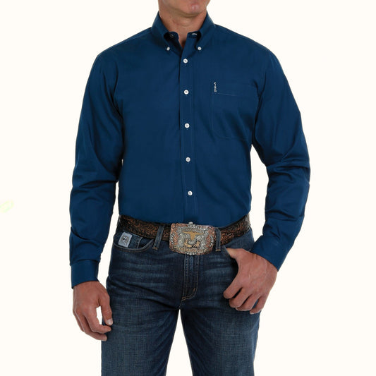 Cinch Solid Modern Fit Button-Down Western Shirt blue front view