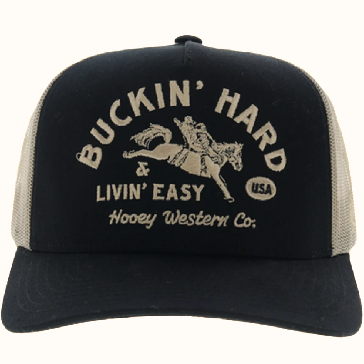 Hooey Buckin’ Hard black and tan 5-panel trucker hat front view