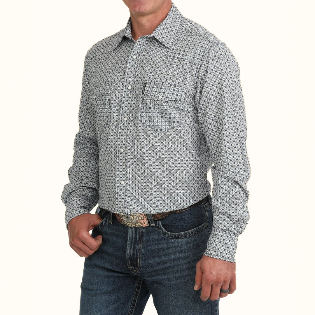 Cinch Men’s ArenaFlex grey print long sleeve button-down shirt front  angle view